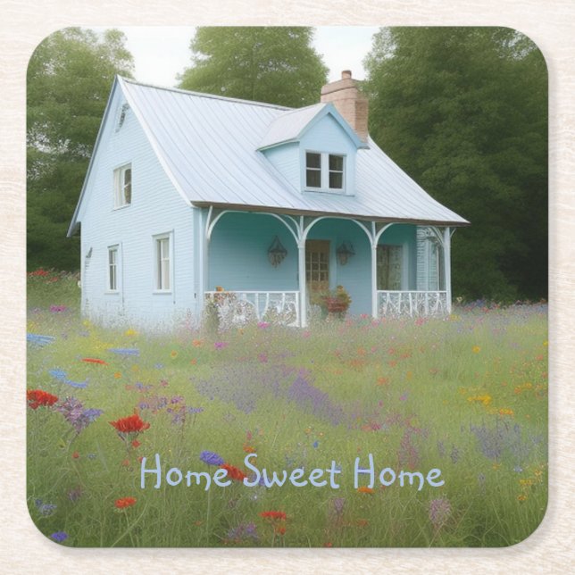 Blue House Housewarming Square Paper Coaster (Front)