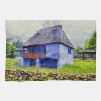 Blue house painting tea towel