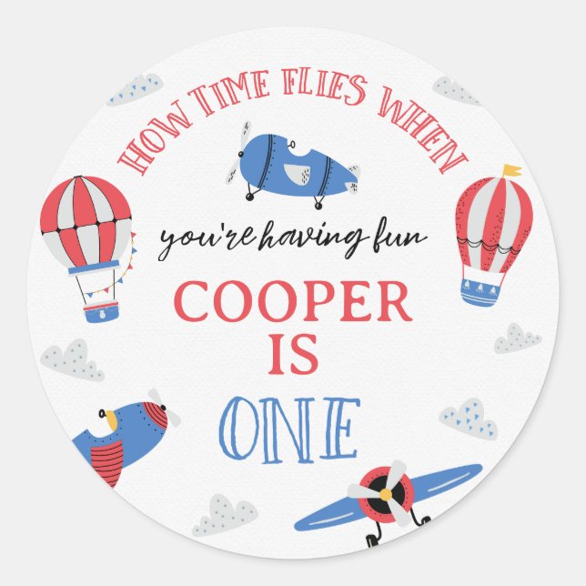 Blue How Time Flies Plane 1st Birthday  Classic Round Sticker (Front)