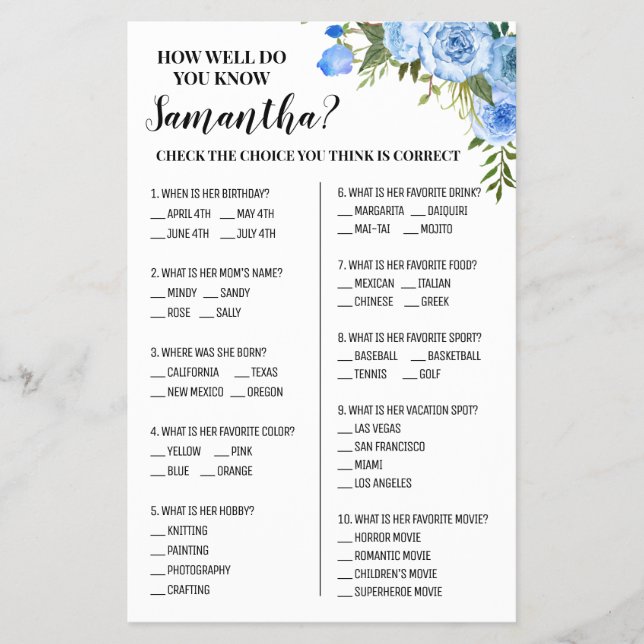 Blue How well do you know Bride Shower Game card (Front)