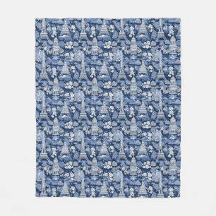 Blue-hued Intricate Parisian Eiffel Tower Toile Fleece Blanket