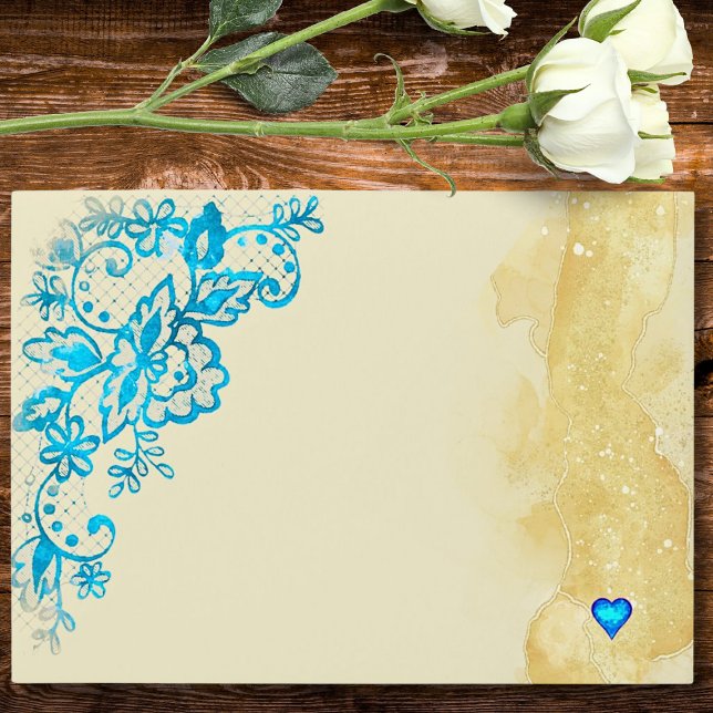 Blue Hummingbird Baroque Vintage Mexican Wedding Envelope (Elegant blue floral lace Baroque Mexican wedding envelope with gold watercolor heart accent.)