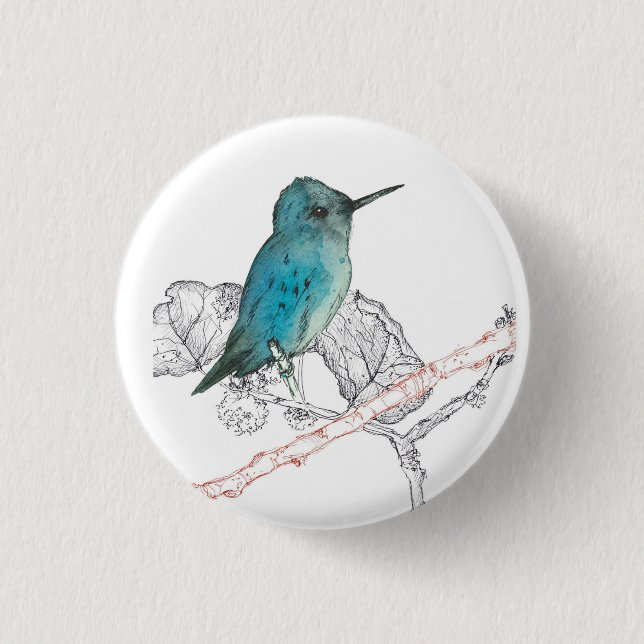 Blue Hummingbird Branches Watercolor 3 Cm Round Badge (Front)