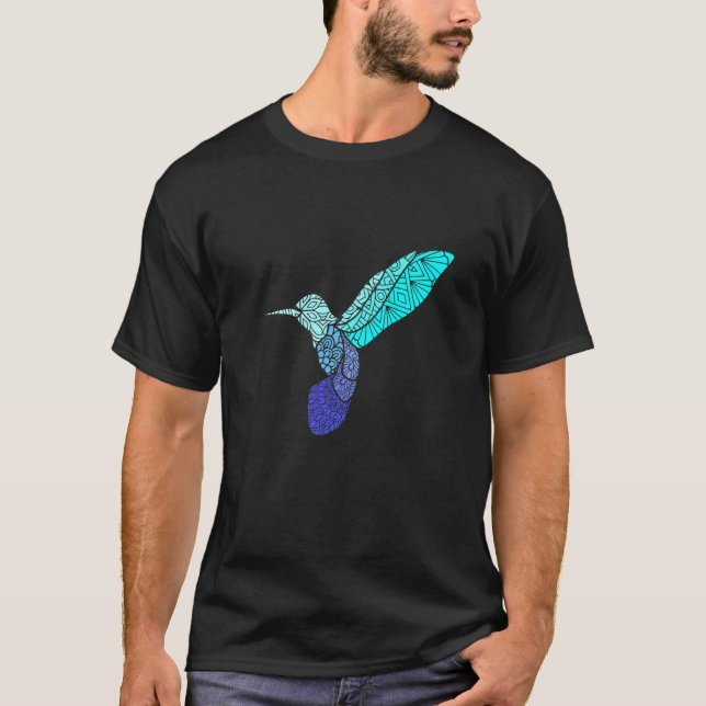 Blue Hummingbird Exotic Bird Mandala Tribal T-Shirt (Front)