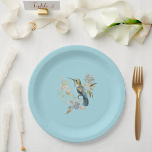 Blue Hummingbird Hydrangea Flowers Paper Plate