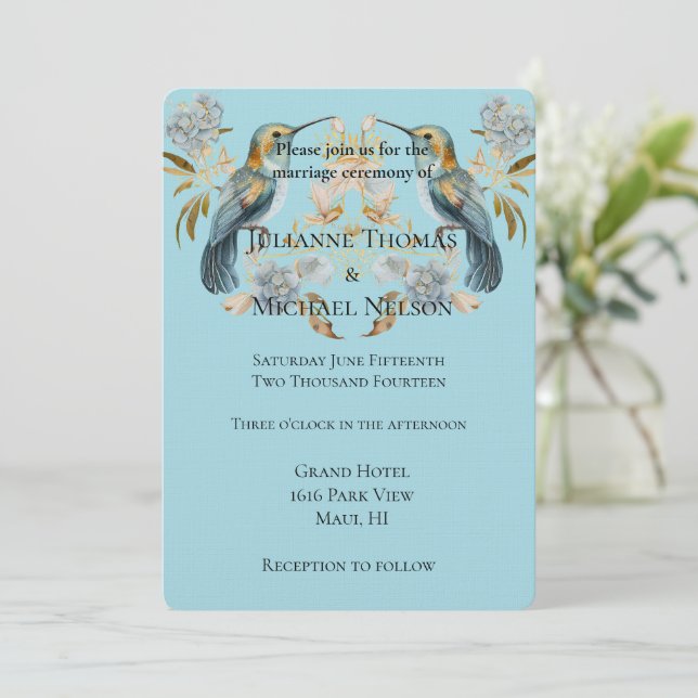 Blue Hummingbird Hydrangea Flowers Wedding Invitation (Standing Front)
