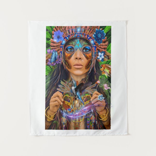 Blue Hummingbird Moth Queen Tapestry (Front)