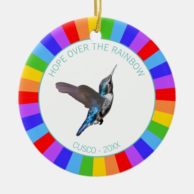 Blue Hummingbird on Rainbow Colours Ceramic Tree Decoration (Front)