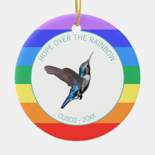 Blue Hummingbird on Rainbow Colours Ceramic Tree Decoration (Front)