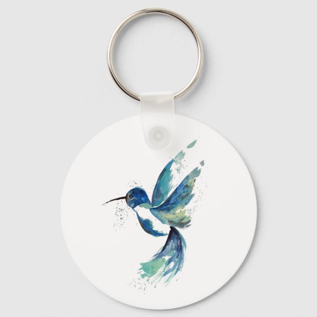 Blue Hummingbird Watercolor Key Ring (Front)