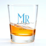 Blue Husband Groom Mr Wedding Anniversary Shot Glass<br><div class="desc">Celebrate your holy matrimony with this cool Mr. shot glass for husbands or men in general.  Customise it by adding your last name / surname and wedding anniversary year date.  Blue and black elegant font.  Great anniversary or birthday gift for a groom.</div>