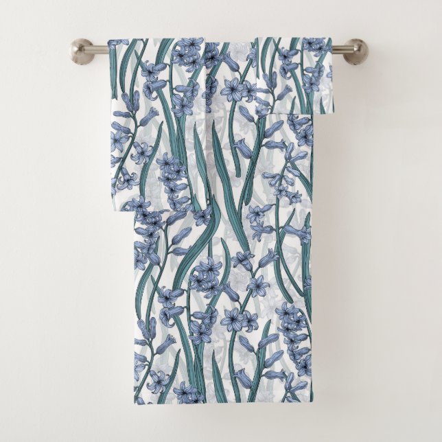 Blue Hyacinth flowers on white Bath Towel Set (Insitu)