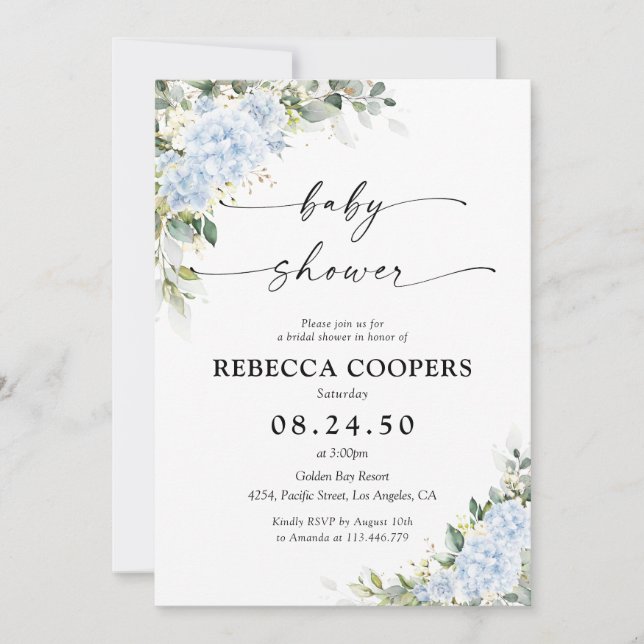 Blue Hydranga Floral Baby Shower Invitation (Front)