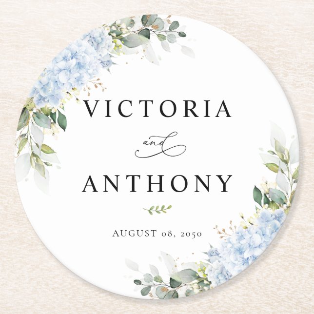 Blue Hydrange Floral Round Wedding Coaster (Front)