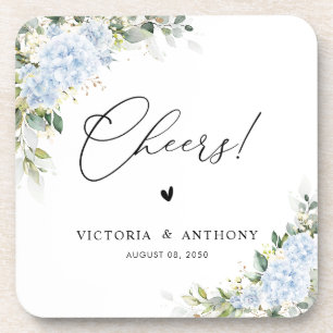 Blue Hydrange Floral Wedding Cheers Square Coaster
