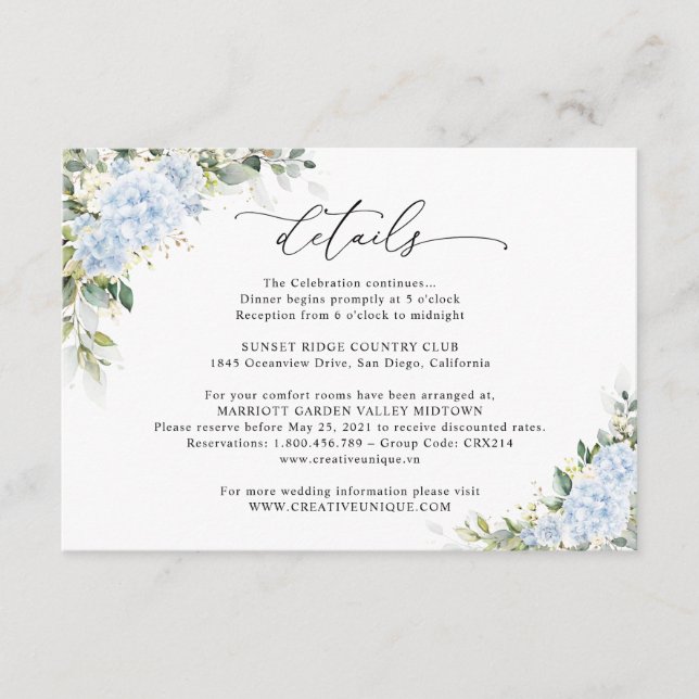 Blue Hydrange Floral Wedding Details Card (Front)