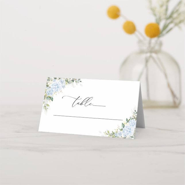 Blue Hydrange Floral Wedding Folded Place Cards (Front)