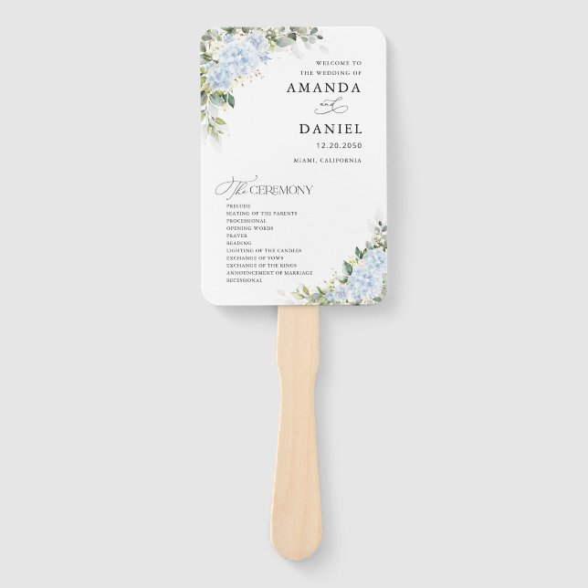 Blue Hydrange Floral Wedding Program Hand Fan (Front)
