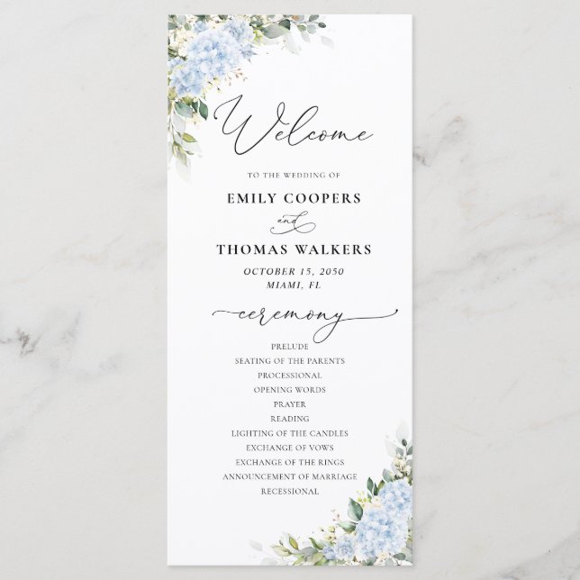 Blue Hydrange Floral Wedding Program Programme (Front)