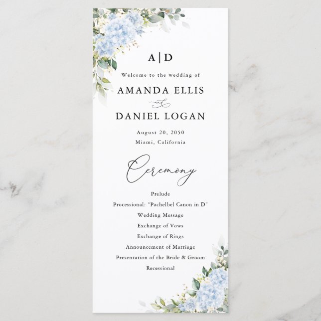 Blue Hydrange Floral Wedding Program Programme (Front)
