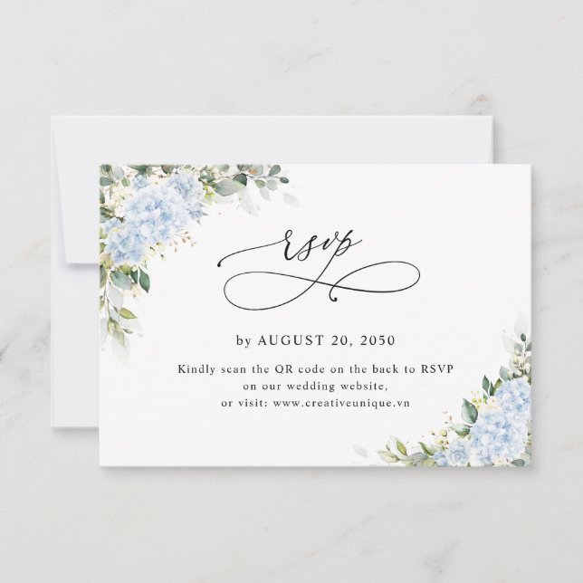 Blue Hydrange Floral Wedding Website QR Code RSVP Card (Front)