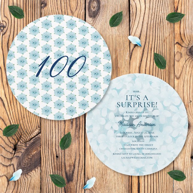 Blue Hydrangea 100th Surprise Birthday Party Invitation (Front and Back)
