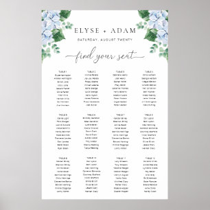 Blue Hydrangea 12 Table Seating Chart Poster