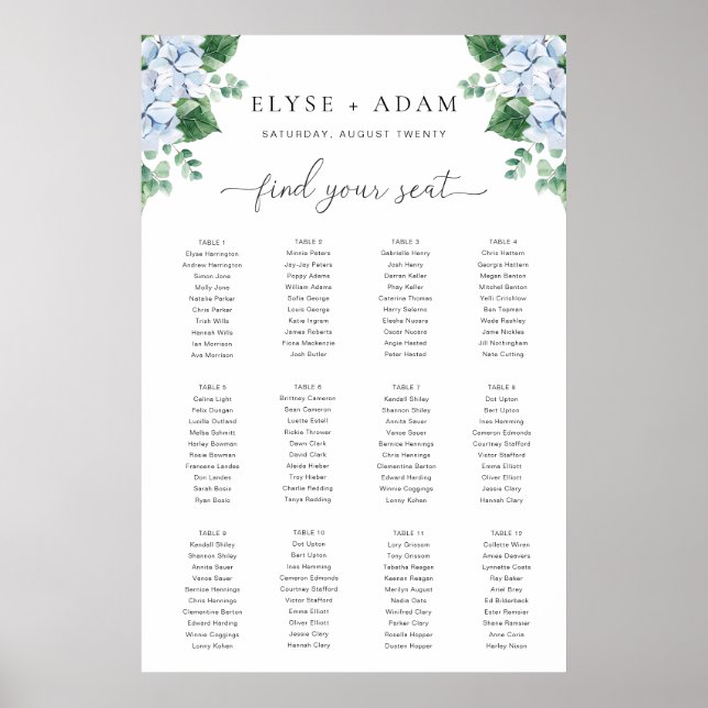 Blue Hydrangea 12 Table Seating Chart Poster (Front)