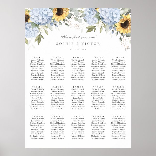 Blue Hydrangea 15 Table Wedding Seating Chart (Front)