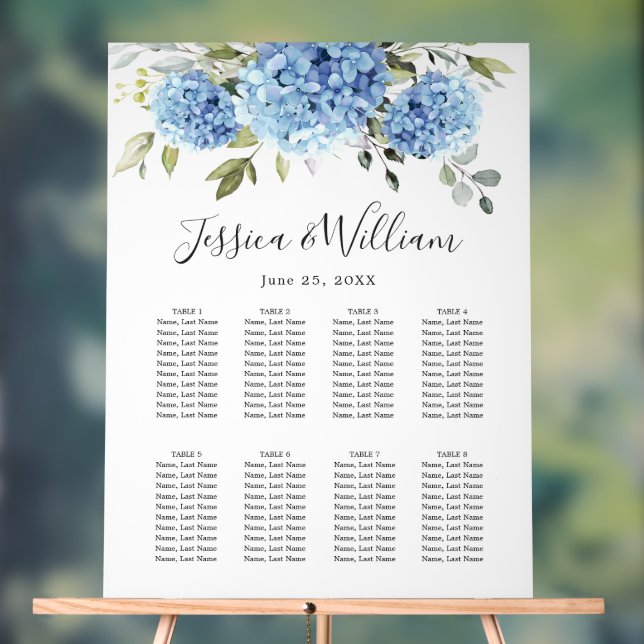 Blue Hydrangea 8 Tables SEATING CHART Acrylic Sign (Neutral)