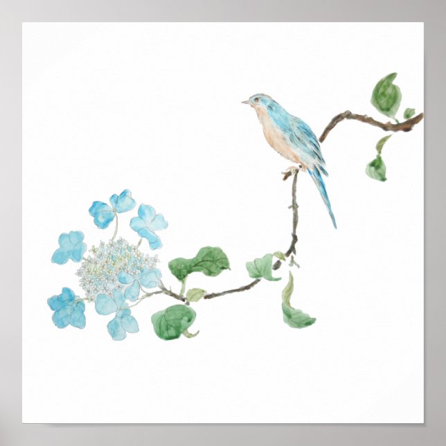 blue hydrangea and blue birds watercolor  poster (Front)
