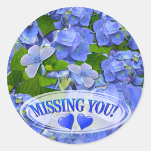 Blue Hydrangea and Butterflies Missing You Classic Round Sticker