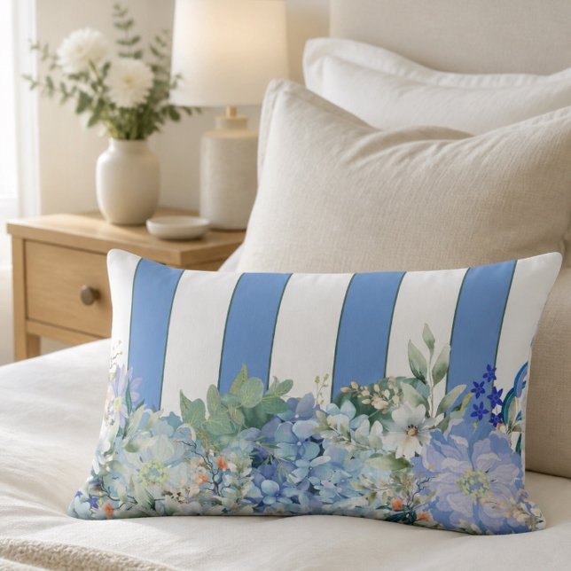 Blue Hydrangea and Floral Striped Lumbar Pillow (Creator Uploaded)