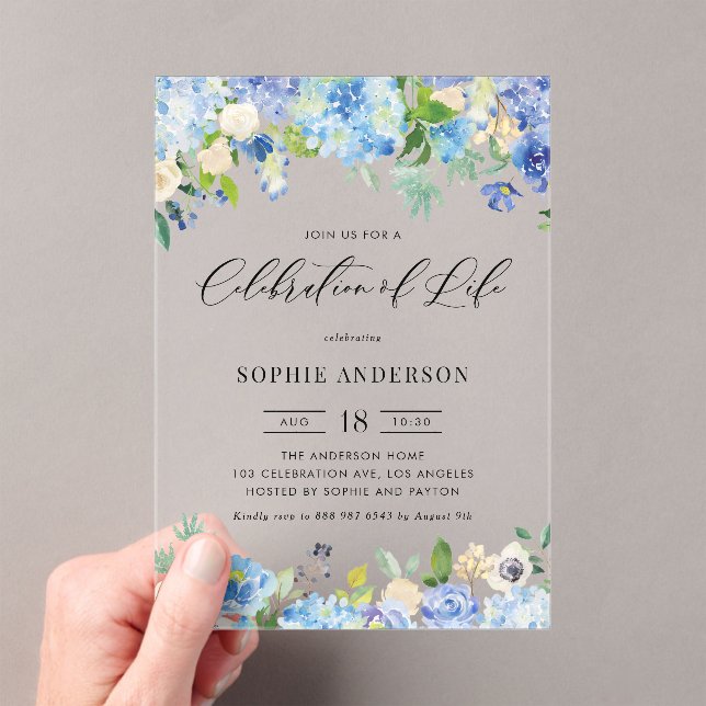 Blue Hydrangea and Ivory Rose Celebration of Life Acrylic Invitations (Insitu (Handheld))