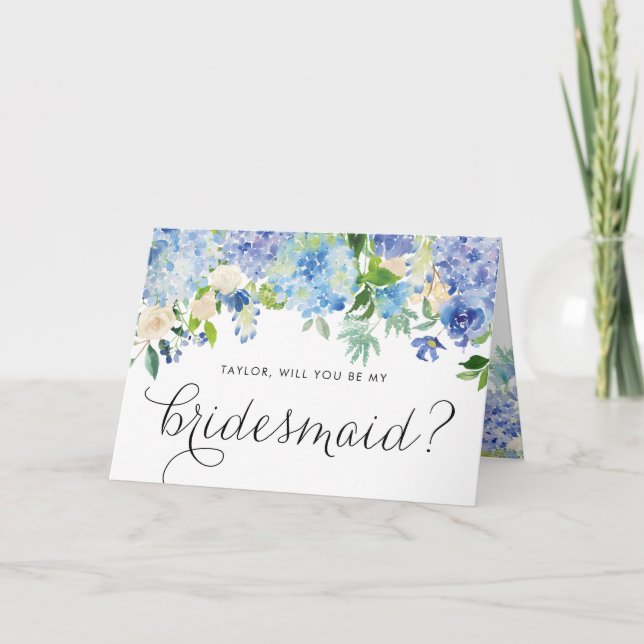 Blue Hydrangea and Ivory Rose Floral Bridesmaid Card (Front)