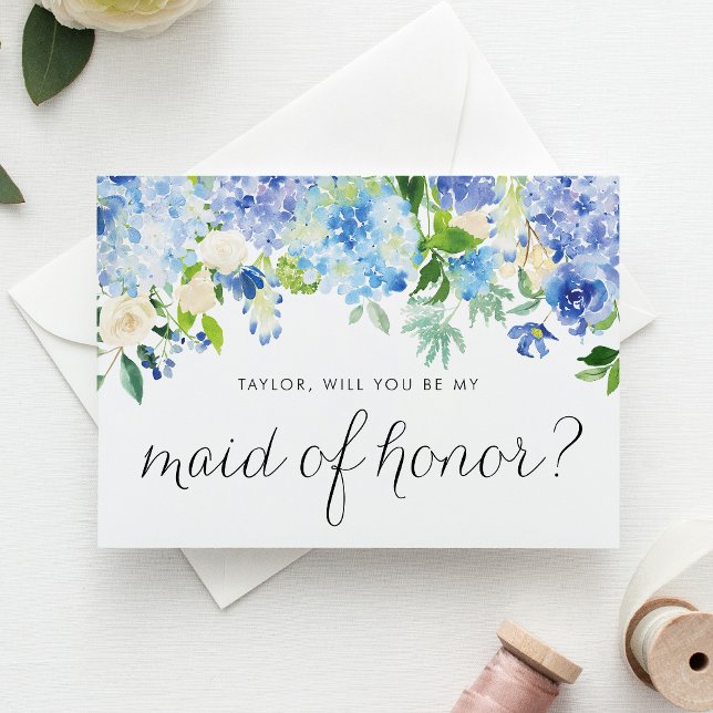 Blue Hydrangea and Ivory Rose Floral Maid of Honou Invitation Postcard (Blue hydrangea and white rose maid of honor card with greenery accents for romantic weddings.)
