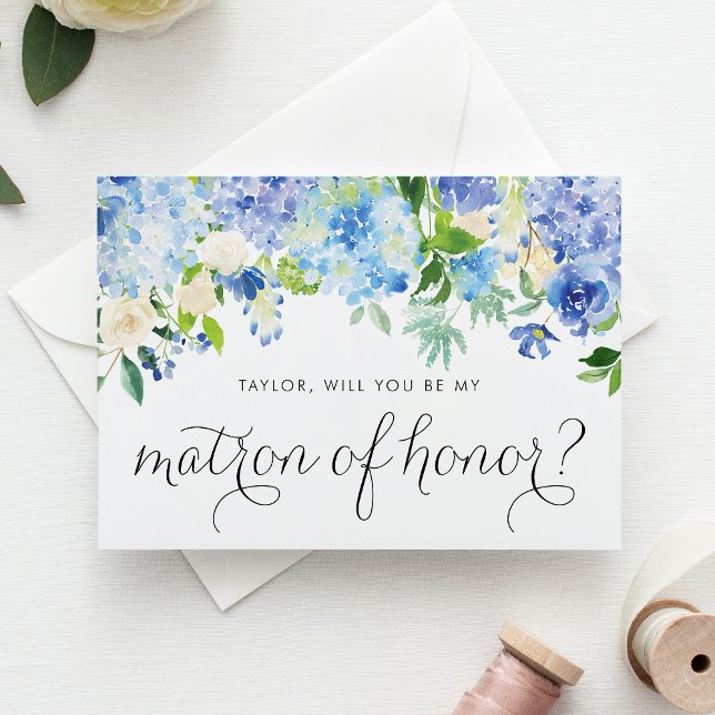 Blue Hydrangea and Ivory Rose Matron of Honour Invitation Postcard (Blue hydrangea and white rose matron of honor card with greenery accents for romantic weddings.)