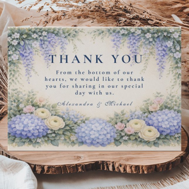 Blue Hydrangea And Ivory Rose Wedding Thank You Card (Creator Uploaded)