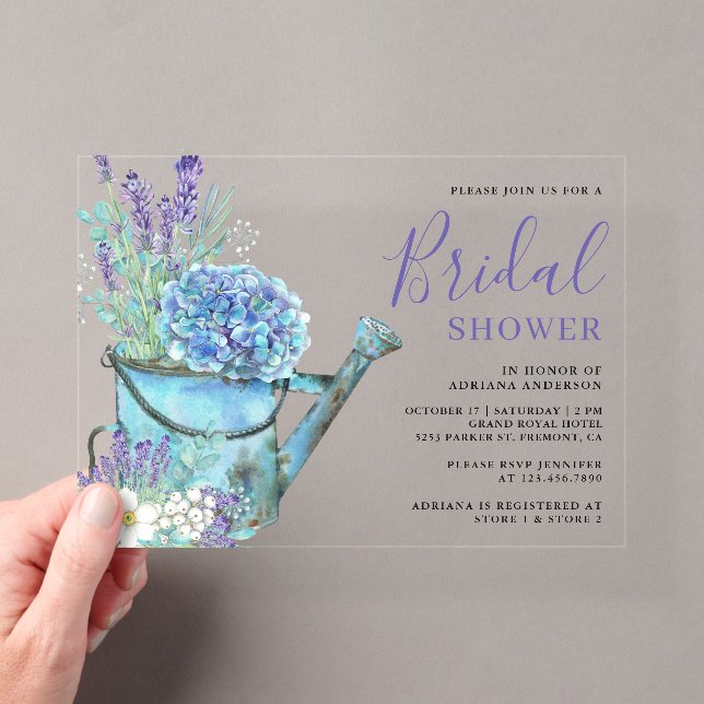 Blue Hydrangea and Lavender Floral Bridal Shower Acrylic Invitations (Insitu (Handheld))