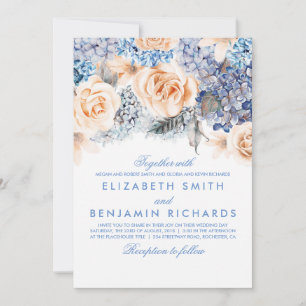 Blue Hydrangea and Peach Flowers - Floral Wedding Invitation