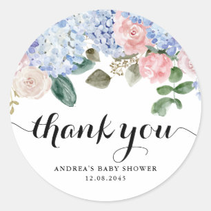 Blue Hydrangea and Pink Rose Baby Shower Thank You Classic Round Sticker