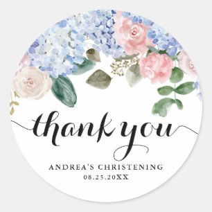 Blue Hydrangea and Pink Rose Christening Thank You Classic Round Sticker
