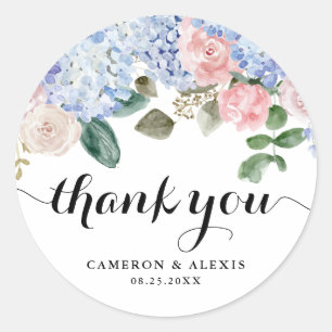 Blue Hydrangea and Pink Rose Wedding Thank You Classic Round Sticker