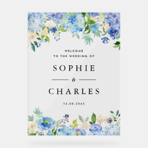 Blue Hydrangea and White Anemone Wedding Welcome Acrylic Sign