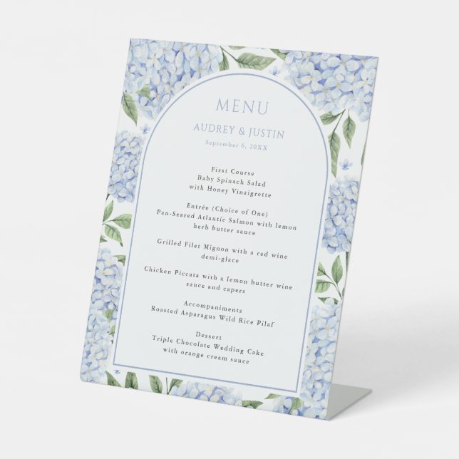 Blue Hydrangea Arch Border Wedding Paper Menu Pedestal Sign (Front)