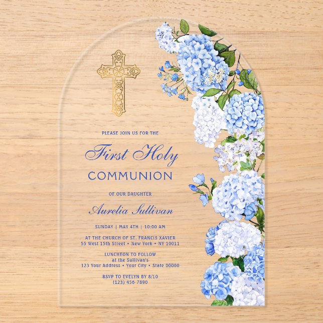 Blue Hydrangea Arch First Communion Acrylic Invitations (Front)