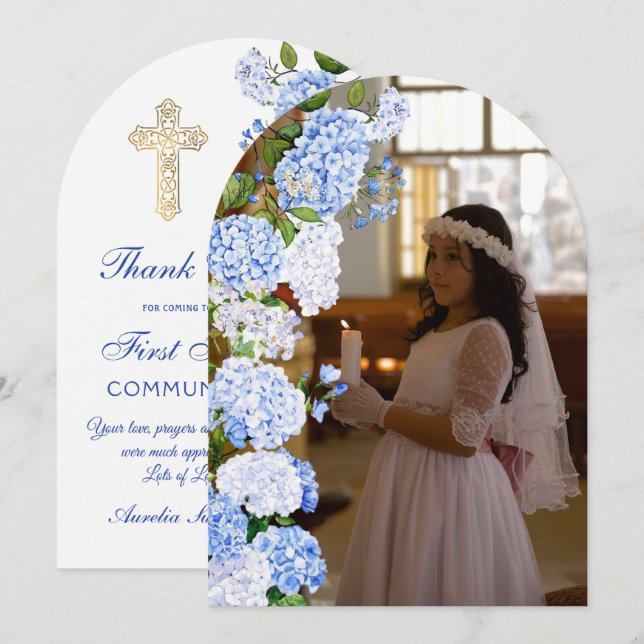Blue Hydrangea Arch First Communion Thank You Card (Front/Back)