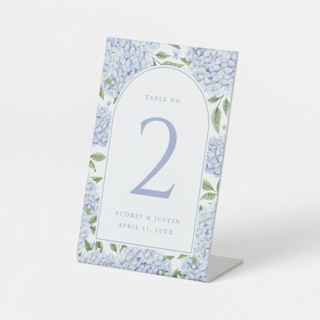 Blue Hydrangea Arch Table Number Cards Pedestal Sign (Front)