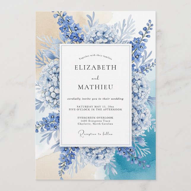 Blue Hydrangea Artistic Romance Wedding Invitation (Front)