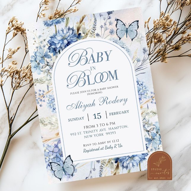 Blue Hydrangea Baby in Bloom Baby Shower Invitation (Creator Uploaded)